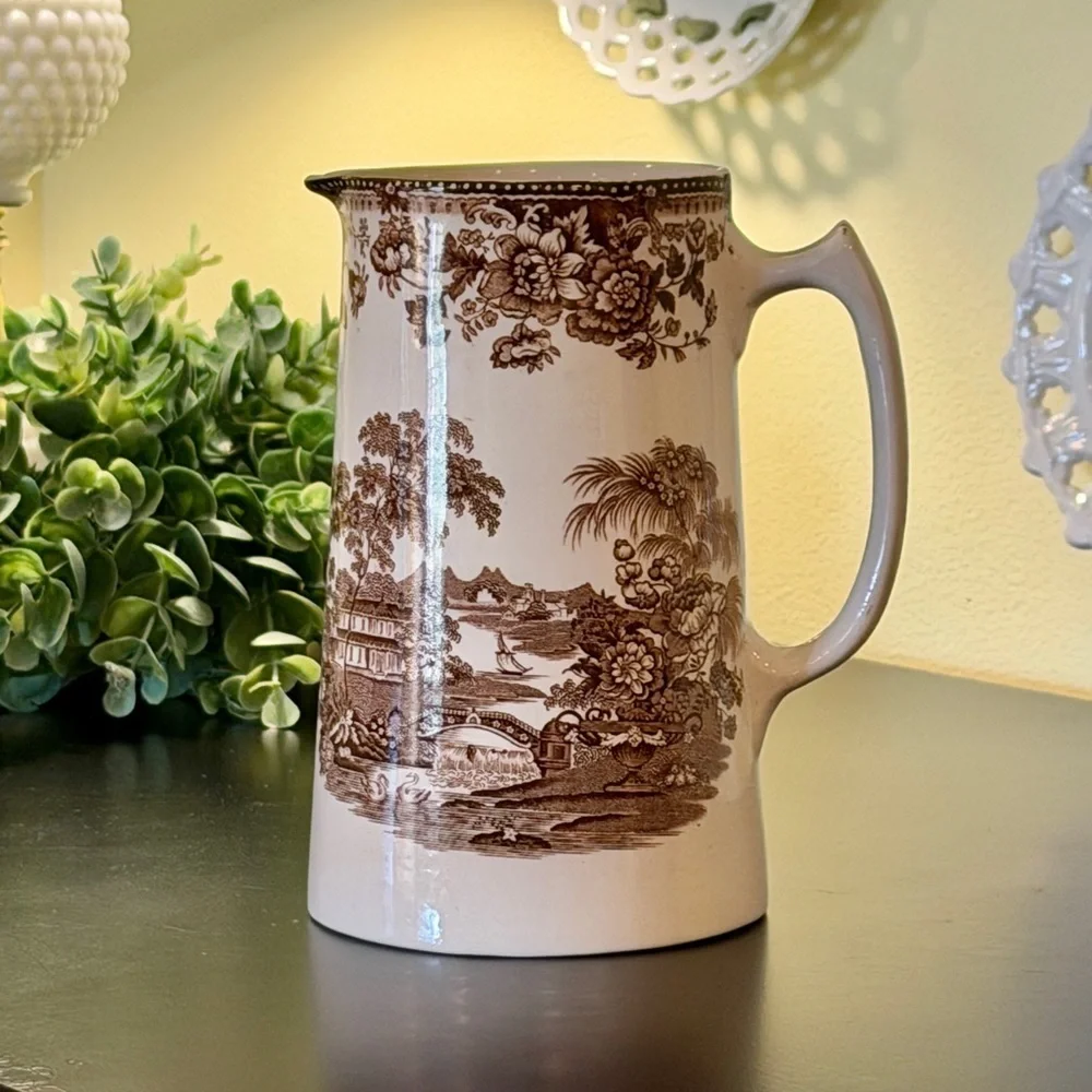 VINTAGE, CLARICE CLIFF, BROWN TRANSFERWARE PITCHER MADE BY ROYAL STAFFORDSHIRE.